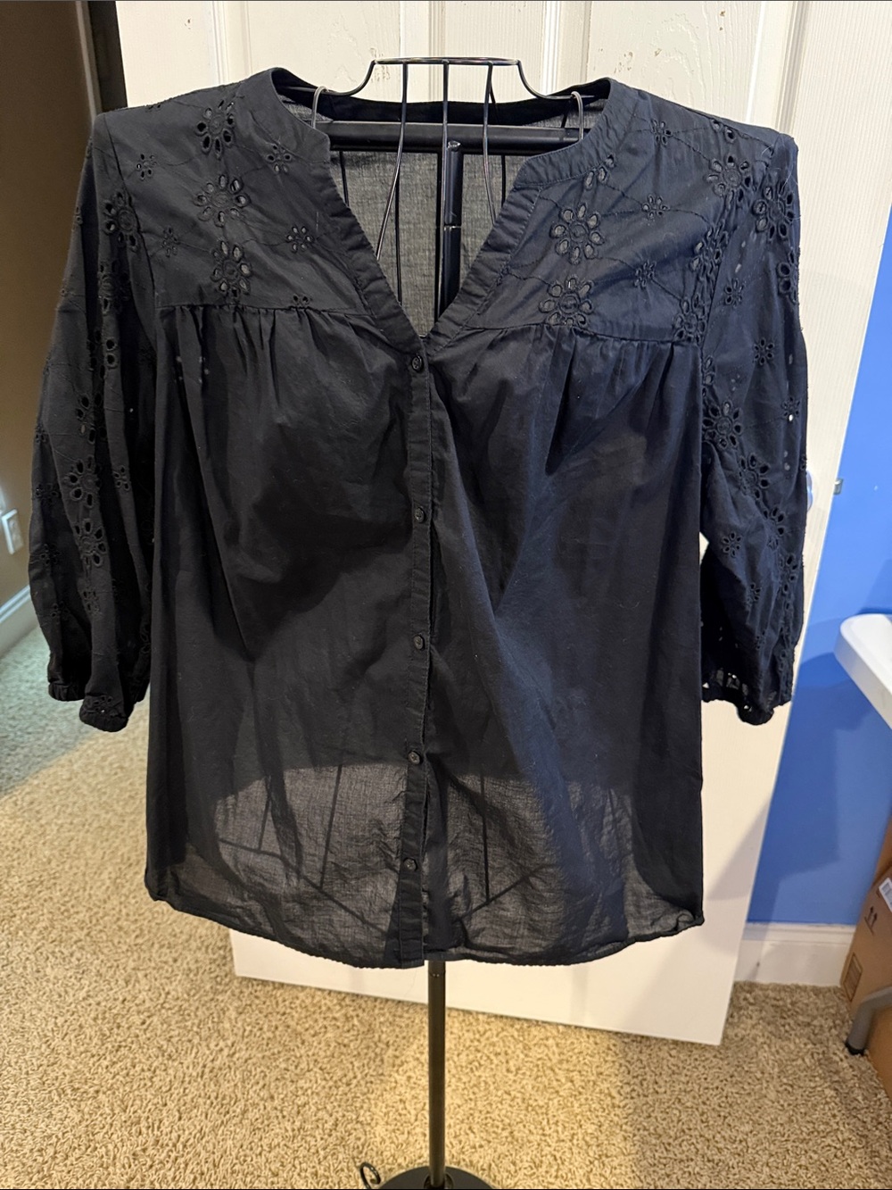 croft & barrow Black Eyelet Button-Front Blouse 3/4 Sleeve 2X